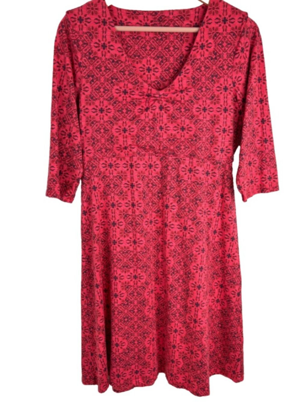 Toad&Co Rosalinda Dress Womens L Red Geometric Aztec 3/4 Sleeve Organic Cotton